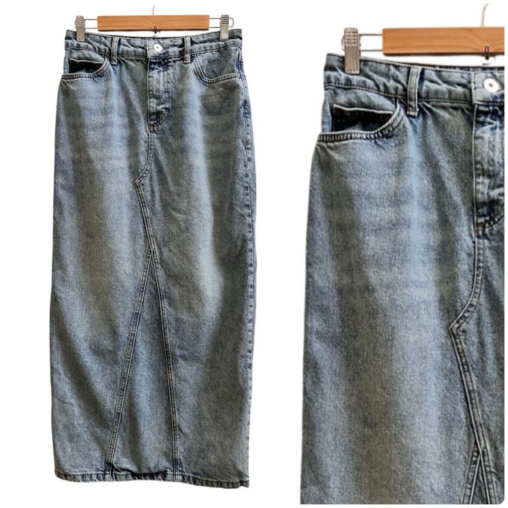 Collusion Light Blue Wash Cotton Denim Back High Slit Maxi Skirt Size 6